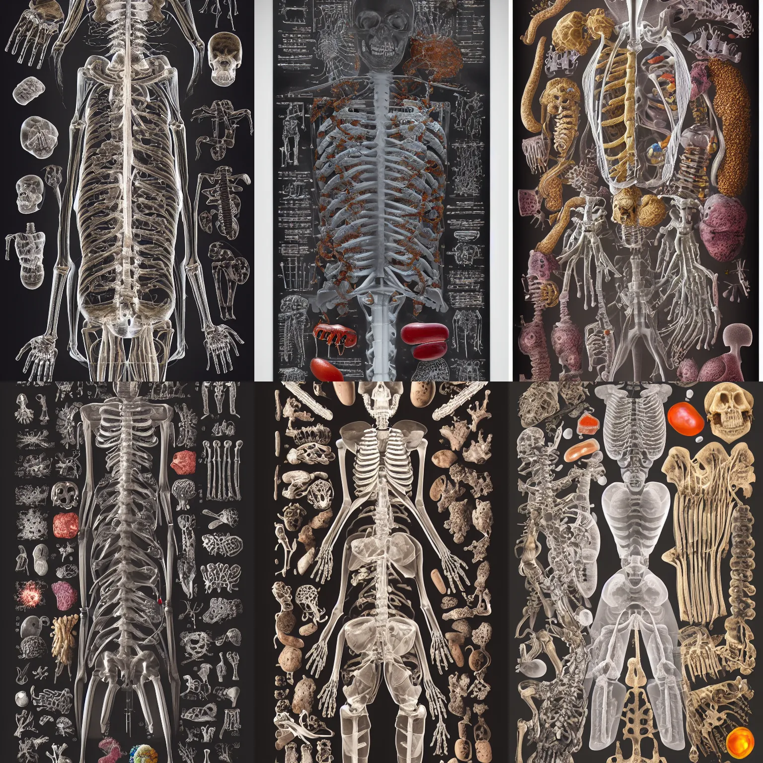 Prompt: Simple anatomic xray, bionic exploded drawing, crossection fungus skeleton sculpture, jellybeans, organs, kidney, by david lachapelle, by angus mckie, by rhads, in a dark empty black studio hollow, c4d, at night, rimlight, c4d, by jonathan ivy, by alex grey, Haeckel