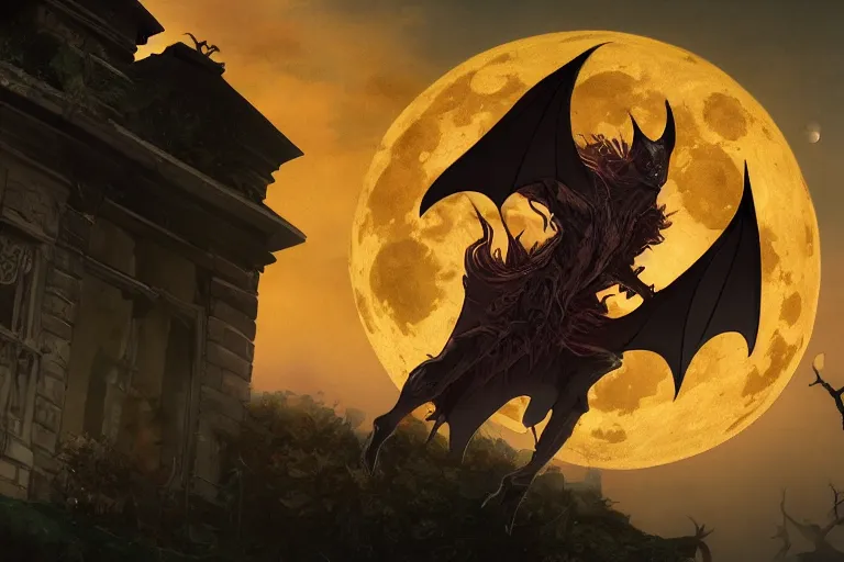 Prompt: an ultra detailed animation of a bat in a graveyard at midnight on halloween, digital art, dark fantasy, concept art, soulslike, by alphonse mucha, blood moon eclipse, ruined building in the background, artstation, 8 k, unreal engine render