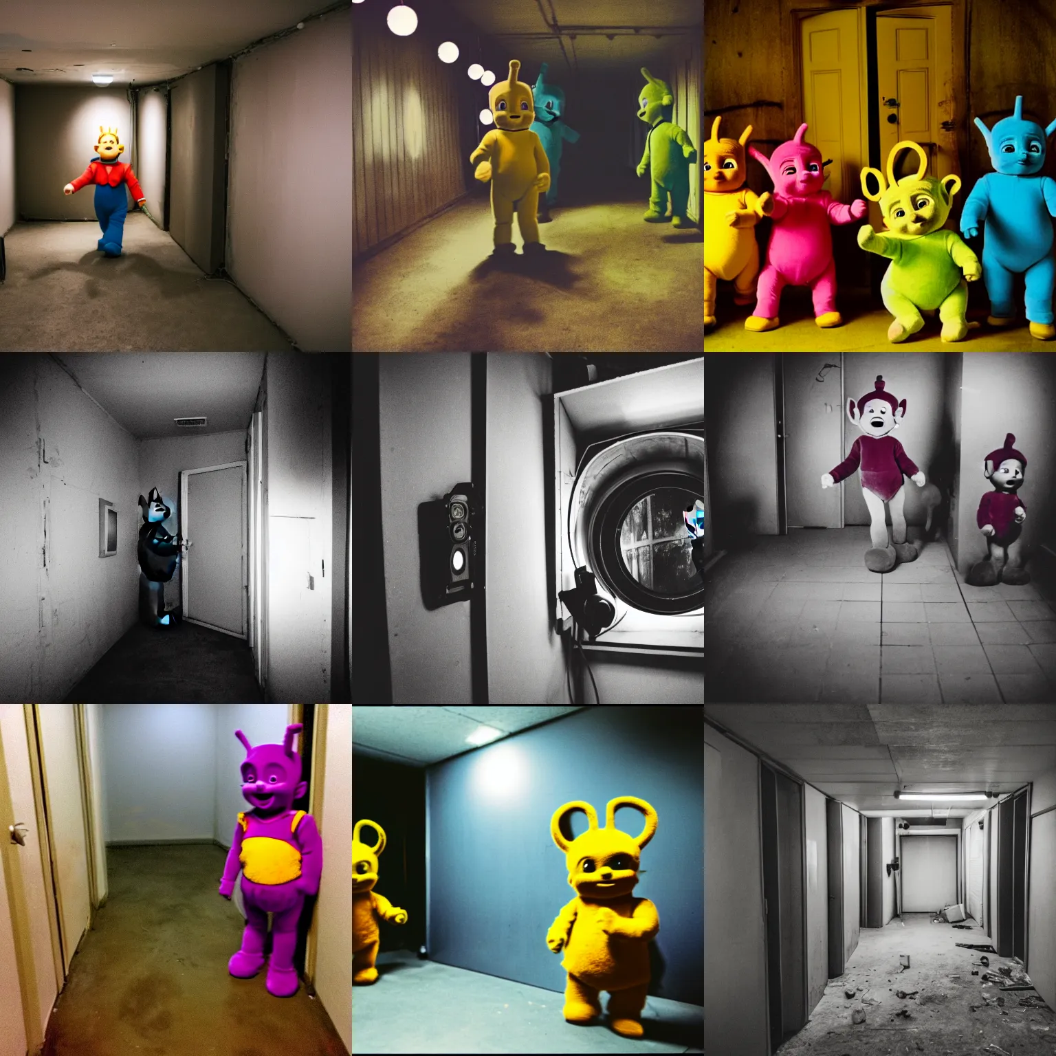 Prompt: teletubbies in the backrooms, low key, liminal space, old camcorder, darkness, urban exploration