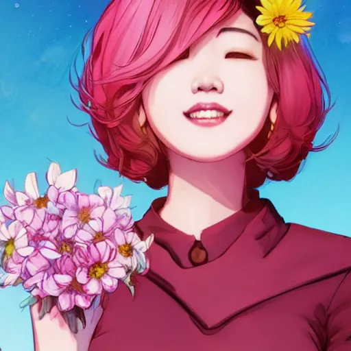 Prompt: portrait of sunny from kpop, smiling with flowers in hands. sharp focus, cinematic pose, cinematic lighting, unreal engine render. art by josan gonzales and moebius and deathburger.