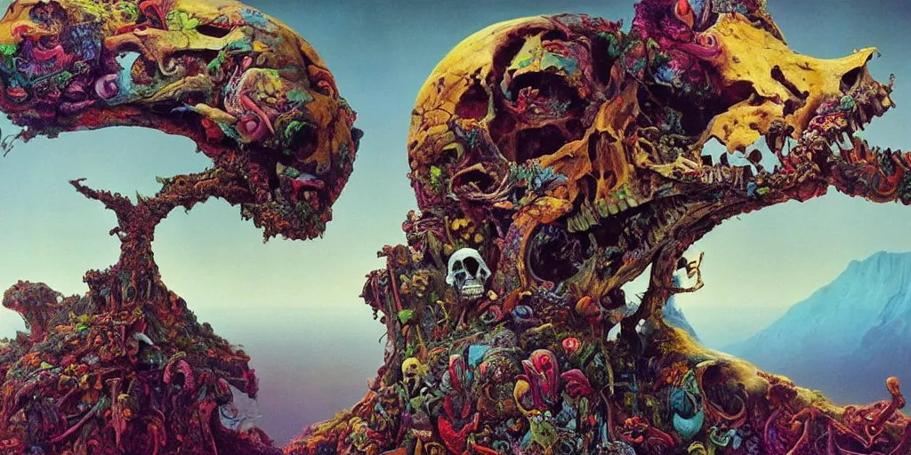 Image similar to ultrawide angle colour masterpiece surreal closeup portrait photography of mountain creature skull hybrid by annie leibovitz and michael cheval, incredible sense of depth and perspective and clarity, weird surreal epic psychedelic complex biomorphic 3 d fractal landscape in background by kilian eng and roger dean and giger and salvador dali and beksinski, 8 k