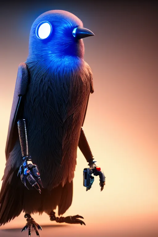 Image similar to high quality 3 d render very cute cyborg crow! sings into microphone!, cyberpunk highly detailed, unreal engine cinematic smooth, in the style of blade runner & detective pikachu, hannah yata charlie immer, moody light, low angle, uhd 8 k, sharp focus