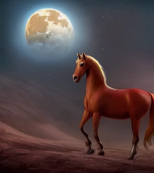 Prompt: very beautiful portrait of a red horse on the moon, smooth, perfect face, fantasy, character design by mark ryden and pixar and hayao miyazaki, sharp focus, concept art, harvest fall vibrancy, intricate detail, cinematic lighting, hyperrealistic, 3 5 mm, diorama macro photography, 8 k, 4 k