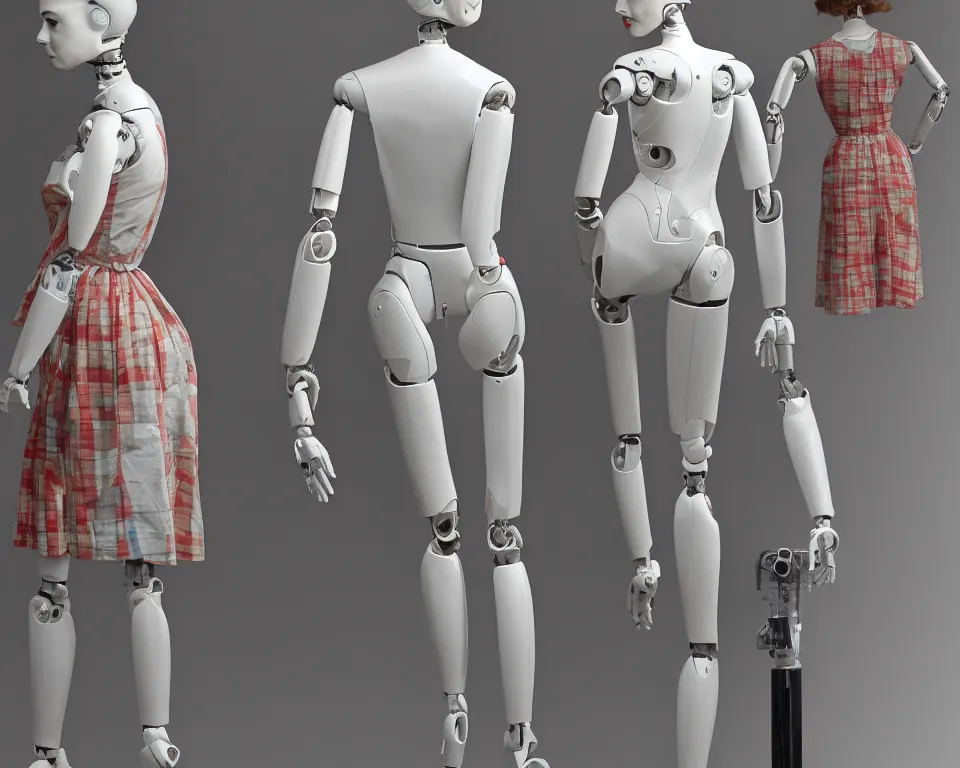 Image similar to rear view of a realistic humanoid female robot wearing 1950s style women clothing, close view