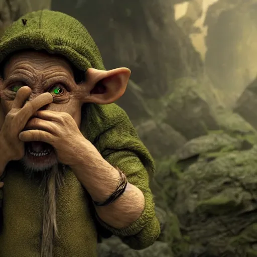 Prompt: a goblin picking his nose, in the style of lord of the rings peter jackson, hyperrealistic, detailed, octane render