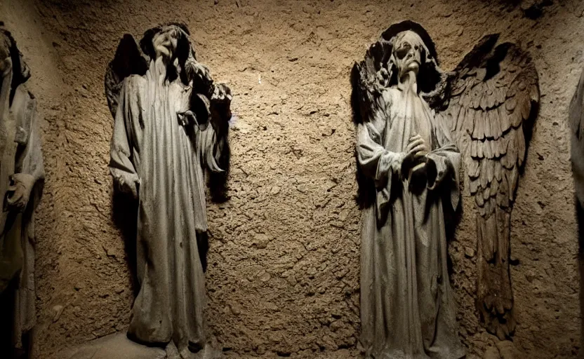 Prompt: several decrepit creepy statues of the archangel gabriel smirking at the camera, placed throughout a dark claustrophobic old catacomb, realistic, underexposed photography, bad camera footage, wide shot, sinister, low - lighting, foreboding, grainy photo