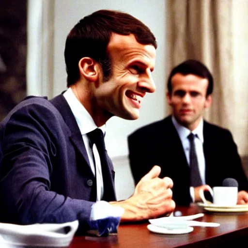 Image similar to Emmanuel Macron vicious smile in American Psycho (1999)