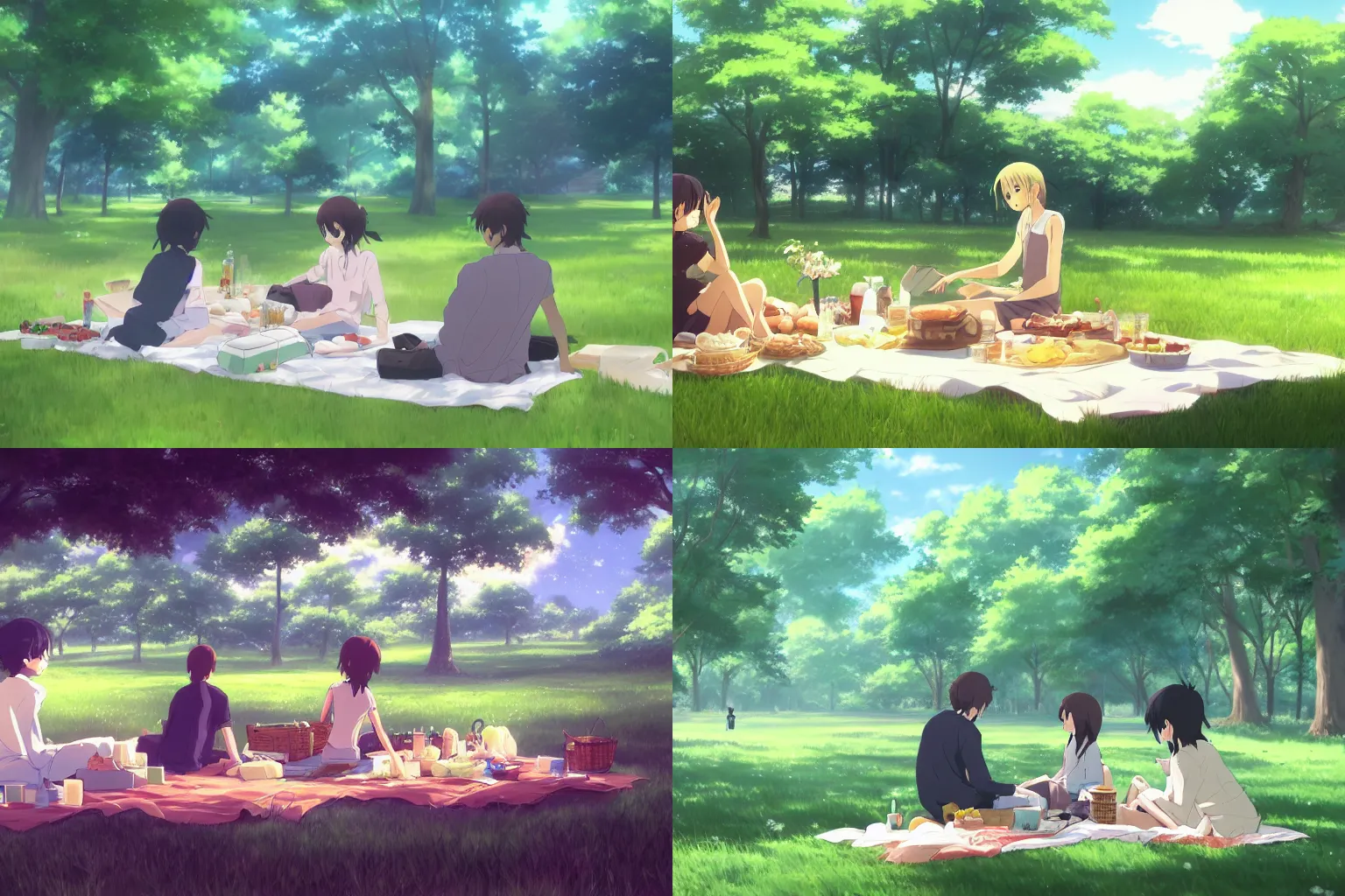 Image similar to a picnic in the park by makoto shinkai