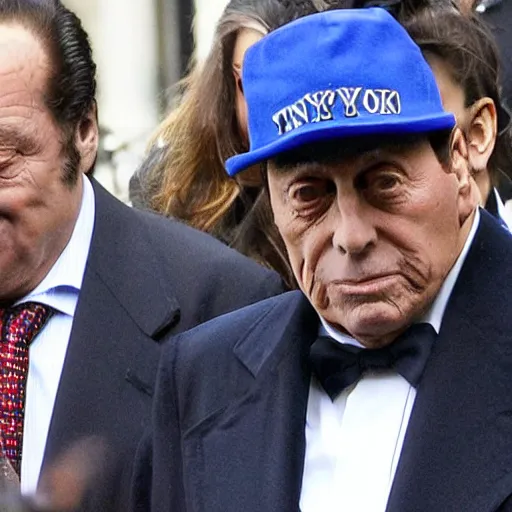 Image similar to Silvio Berlusconi with a blue NY hat and 16 cigarettes in his eyes, photo, paparazzi, hd, high quality