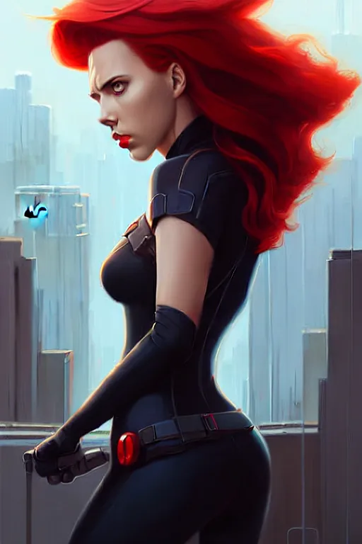 Prompt: peter mohrbacher, phil noto, artgerm, pretty scarlett johansson black widow, symmetrical eyes, long red hair, city rooftop