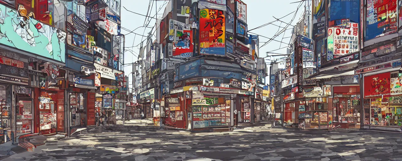 Image similar to Orthogonal view of Tokyo storefronts with no people graffiti treasure town comics illustration digital art painting artstation depth global illumination GI AAA SSS