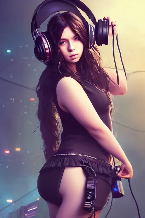 Image similar to beautiful full portrait of a girl, brunette curvy long hair, full - body shot, wearing cyberpunk headphones, streetwear, like a fashion model + high detailed, resolution beautifully detailed landscape trending on artstation 8 k, cinematic, epic detailed trending on artstation 8 k, by bukurote + krenz cushart + ryota - h + wlop