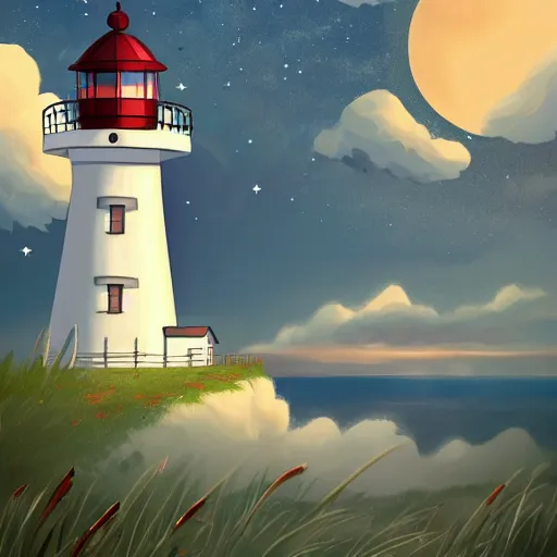 Image similar to beautiful cute cozy little lighthouse by the sea and a cozy cottage, well and fence, puffy clouds, stars, moon, anime style of hayao miyazaki, digital art trending on artstation