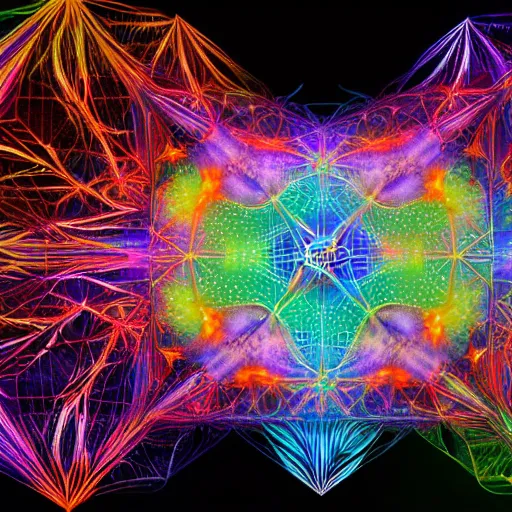 Image similar to fractal strandbeest wandering through colorful nebulas on the fringes of the edge of realitys rainbow, illustration with colors that pop