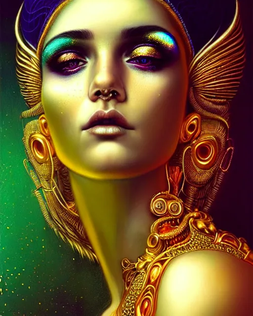 Image similar to hyperrealistic detailed portrait of a beautiful goddess in an iridescent - gold ornamental headdress, intricate cyberpunk make - up, golden face tattoos, art by android jones, john william godward, nekro borja, gothic - cyberpunk, beautiful deep colours,