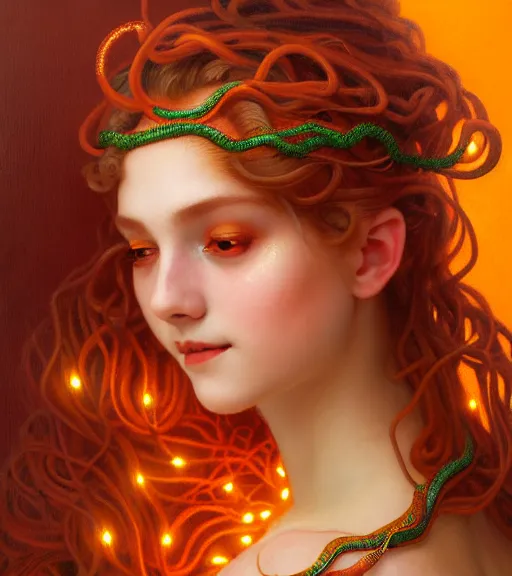 Image similar to portrait of teenage medusa, snake hair, naughty smile, wearing an embroidered orange tunic, intricate, sensual, sultry, elegant, copper and emerald jewelry, glowing lights, seductive, highly detailed, digital painting, artstation, concept art, smooth, sharp focus, illustration, art by wlop, mucha, artgerm, and greg rutkowski