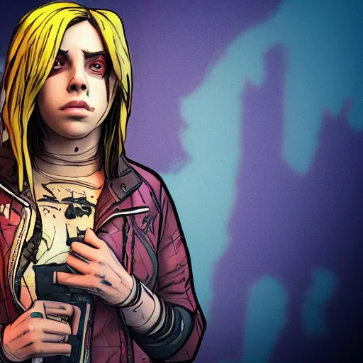 Image similar to billie eilish portrait, borderlands, tales from the borderlands, the wolf among us, comic, cinematic lighting, studio quality, 8 k