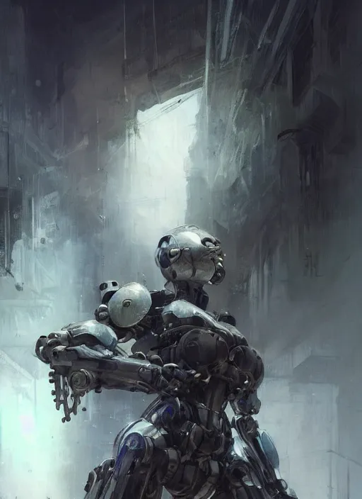 Prompt: beautiful painting by jeremy mann, a female mecha paladin absurdly beautiful, elegant, ultrafine hyperrealistic detailed face illustration by wlop and artgerm and greg rutkowski, ominous, unsettling, intricate linework, sharp focus, smooth, octopath traveler, final fantasy, unreal engine highly rendered, global illumination, dramatic lighting, 8 k