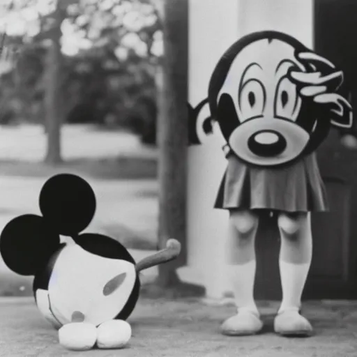 Image similar to depression - era photograph of mickey mouse and minnie mouse in the style of dorothea lange