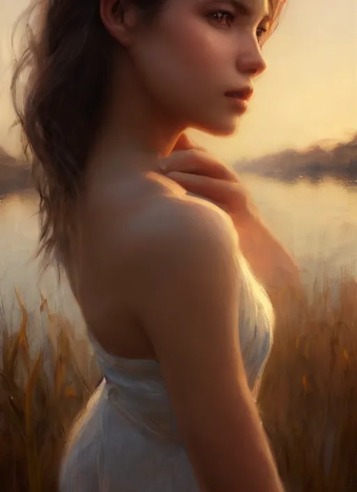 Image similar to cinematic shot of an epic portrait of a gentle girl by the lake, shiny skin, beautiful eyes, beautiful, small details, night setting, realistic poster with volumetric light from craig mallism, artgerm, jeremy lipkin and michael garmash, unreal engine, radiant light, detailed and complex environment, digital art, trends at art station