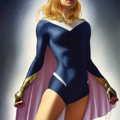 Image similar to a beautiful portrait of a beautiful strong cute young superhero woman, shoulder - length blonde hair, tight solid matte navy blue lycra bodysuit, white cape, body, muscles, intricate, elegant, 8 k, highly detailed, digital painting, concept art, smooth, sharp focus, illustration, by artgerm greg rutkowski alphonse mucha loish wlop