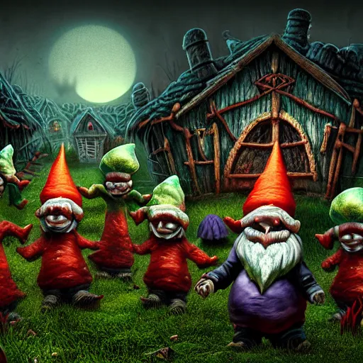 Image similar to a portrait of a scary evil nightmare gnomes in a poison mushroom village, highly detailed, digital photo, hdri, by christopher bretz and john carpenter, vivid colors, high contrast, 8 k resolution, intricate, photorealistic, smooth, psychedelic color scheme, concept art, award winning, cg society contest winner