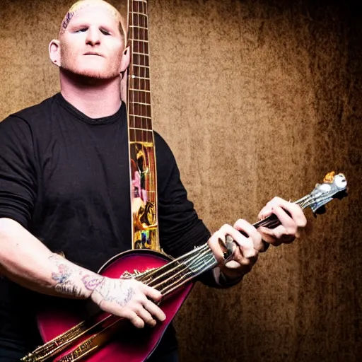 Prompt: Corey Taylor wearing a tutu, playing the banjo. Music magazine cover, band photography, studio lighting