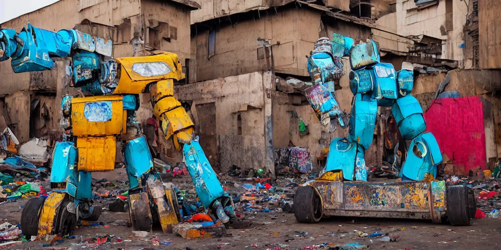 Image similar to colourful but destroyed giant mecha ROBOT of AJEGUNLE SLUMS of Lagos, markings on robot, Golden Hour,