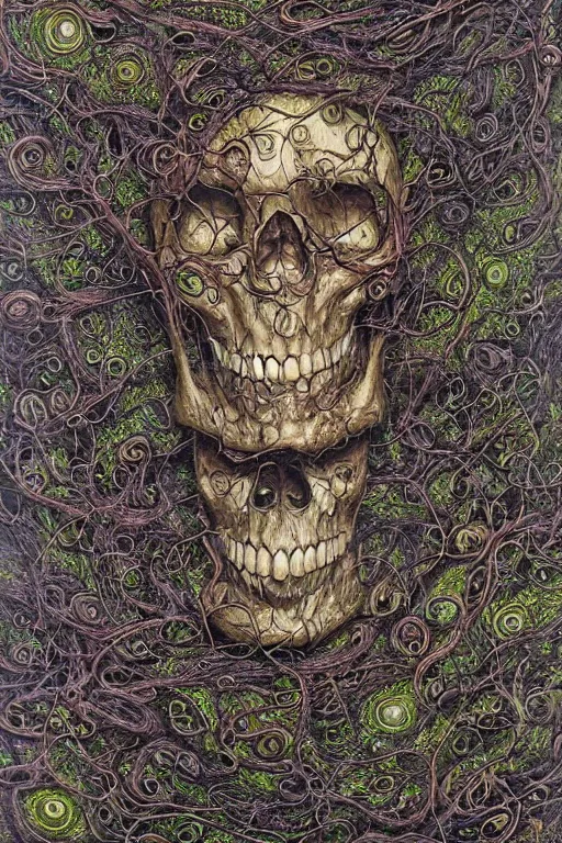 Prompt: Floating skull shaped island made of vines and earthart by visionary artist peter gric in hyperdetailed surreal fantastic style. Floating skull by hannah yata in visionary-psychedelic style earthart skull generative artwork by midjourney. Spiritual shamanic artifact skull decorated with gems and gold by billelis polished ominous photorealistic mysterious intricate hyperdetailed galactic expansive ethereal elemental detailed complex Earthart skull collage generated in discodiffusion or dall-e2 trending on Artstation hyperdetailed 8k resolution concept art 64 megapixels 8K resolution depth of field DSLR subtractive lighting tilt-shift wide-angle lens Skull made of smaller skulls made of smaller skulls surrealist fractal art gigapixel resolution 8K 3D | CGSociety | volumetric light | lightrays | smoke | cinematic | atmospheric | octane render | insanely detailed and intricate | hypermaximalist | elegant | ornate | luxury | elite | Floating skull hyperdetailed insanely complex artwork by psikodelicious art & design | gigapixel render | visions of chaos | midjourney | discodiffusion | complex hyperdetailed fantastic realism artwork made with dall-e2