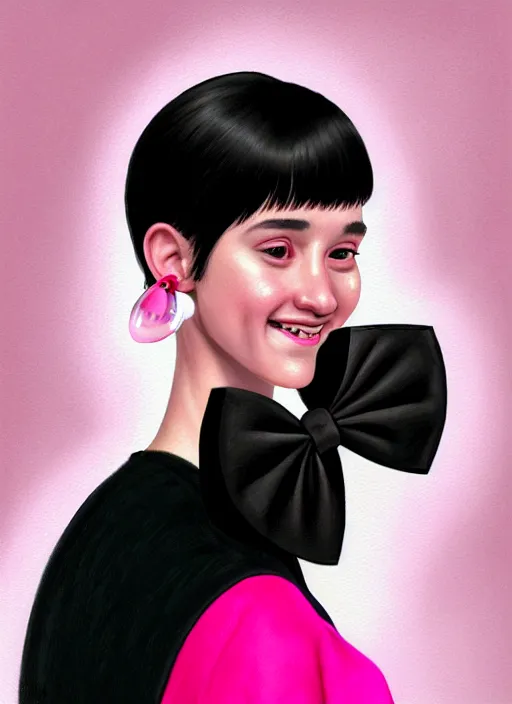 Image similar to portrait of high school girl, realistic, black hair, bangs, half updo hairstyle, pointy nose, skinny, smile, ugly, defined jawline, big chin, pink hair bow, earrings, intricate, elegant, glowing lights, highly detailed, digital painting, artstation, sharp focus, illustration, art by wlop, mars ravelo and greg rutkowski