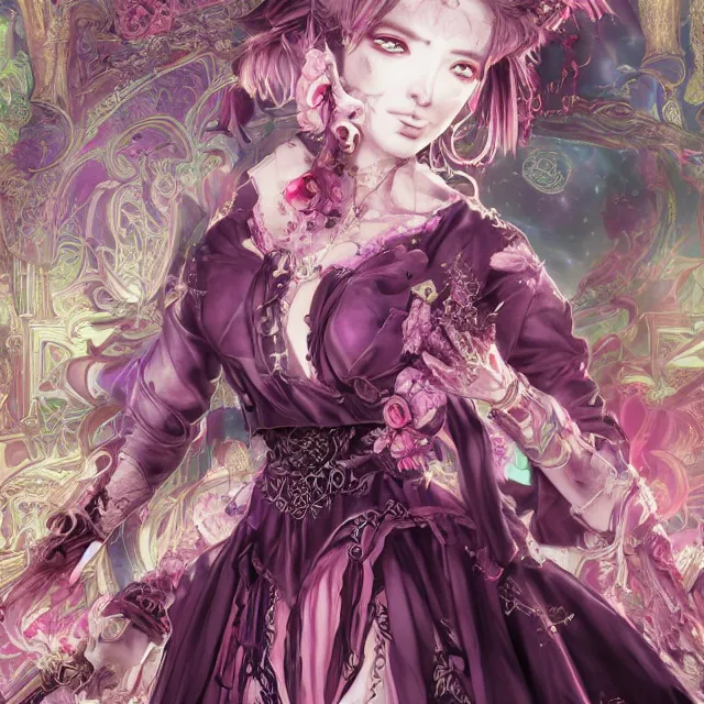 Image similar to the portrait of chaotic evil sensual female necromancer overlord as absurdly beautiful, gorgeous, elegant, corrupted anime idol, an ultrafine hyperdetailed illustration by kim jung gi, irakli nadar, intricate linework, bright colors, octopath traveler, final fantasy, unreal engine 5 highly rendered, global illumination, radiant light, detailed and intricate environment