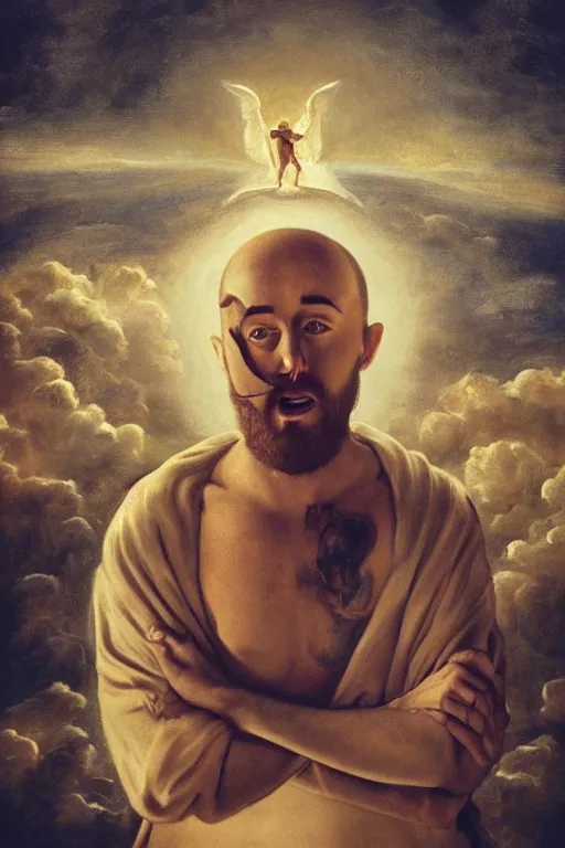 Image similar to The last portrait of Mac Miller, Heavenly, Hellish, Divinity, Hope, Ethereal, Renaissance Painting, Symmetry, God and the Devil on my shoulders, Atmospheric Lighting, artstation trending, good versus evil, ladders, angelic, the divine feminine, drama masks, Pittsburg, Blue Slide Park, Most Dope, environment concept, Rendered in Octane, trending on artstation, cgsociety, moody lighting rendered by octane engine, environment 8K artstation, cinematic lighting, intricate details, 4k detail post processing, hyperealistic, octane render, photo realism