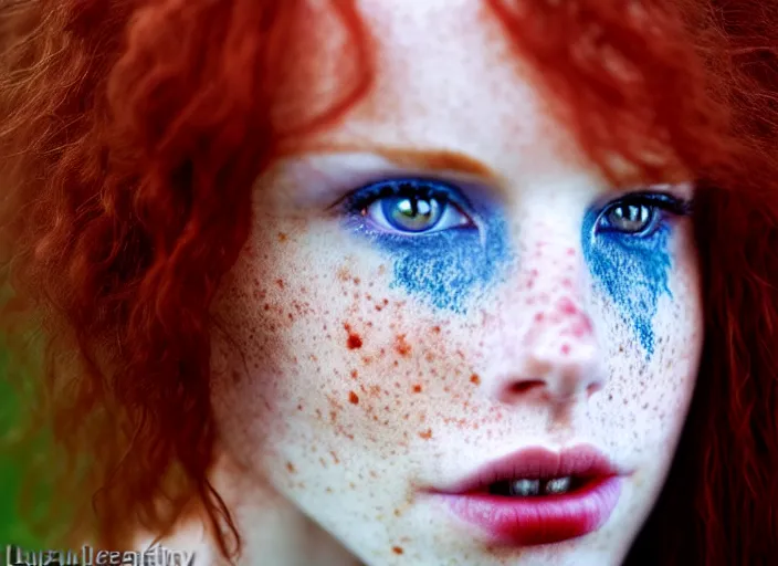 Image similar to award winning 8 5 mm close up face portrait photo of a redhead with deep red hair, freckles and blue eyes in a park by luis royo.