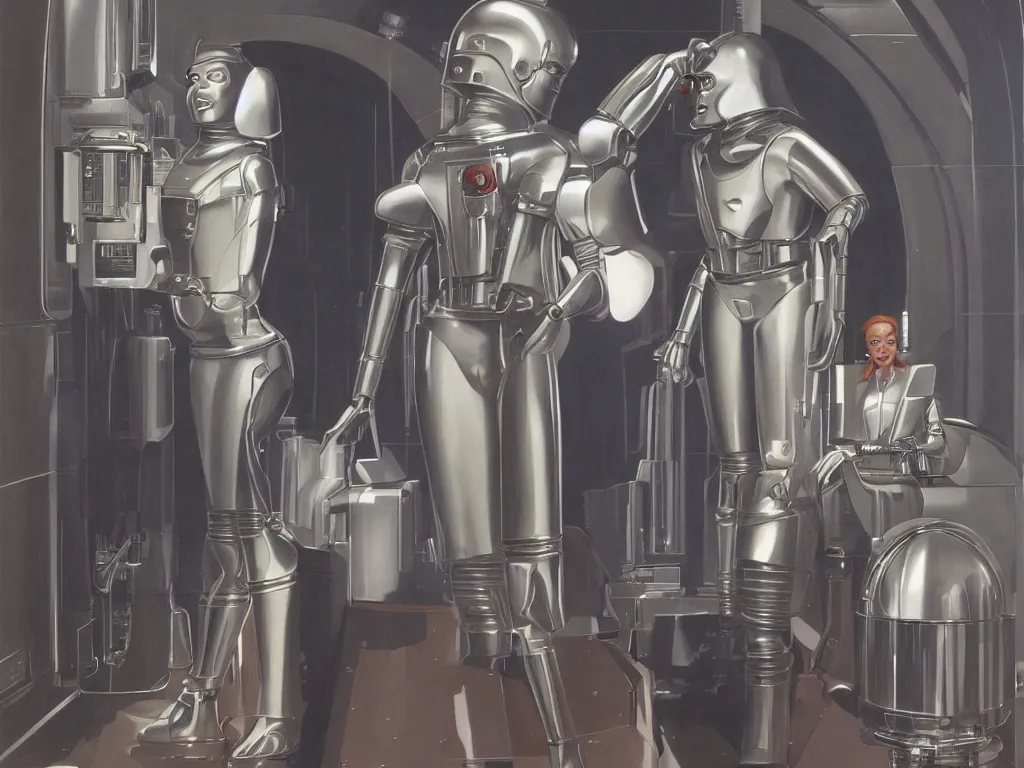 Image similar to a Royal portrait of chrome android woman as illustrated by Ralph Mcquarrie. 1991