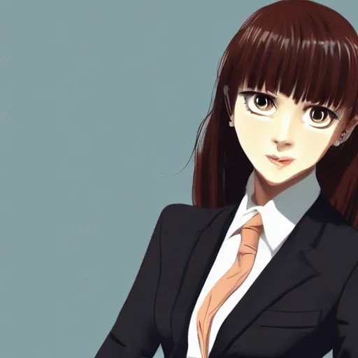 Prompt: woman in business suit, brown neat hair, animesque, pixiv, fanbox, trending on artstation, portrait, modern, sleek, highly detailed, formal, serious, determined, competent, colorized, smooth, charming, pretty, safe for work, law office