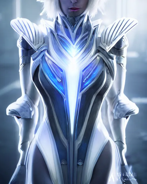 Image similar to perfect white haired attractive egyptian goddess, warframe armor, beautiful, symmetric, dreamy, half asian, pretty face, blue eyes, joanna lumley, detailed, scifi platform, laboratory, experiment, 4 k, ultra realistic, epic lighting, android body, illuminated, cinematic, masterpiece, art by akihito tsukushi, voidstar