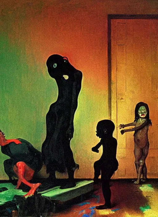 Prompt: two dark figures laughing and a black child inside a decayed contemporary living room with large tree in the style of Francis Bacon and Zdzislaw Beksinski, Edward Hopper and Norman Rockwell, highly detailed, very coherent, triadic color scheme