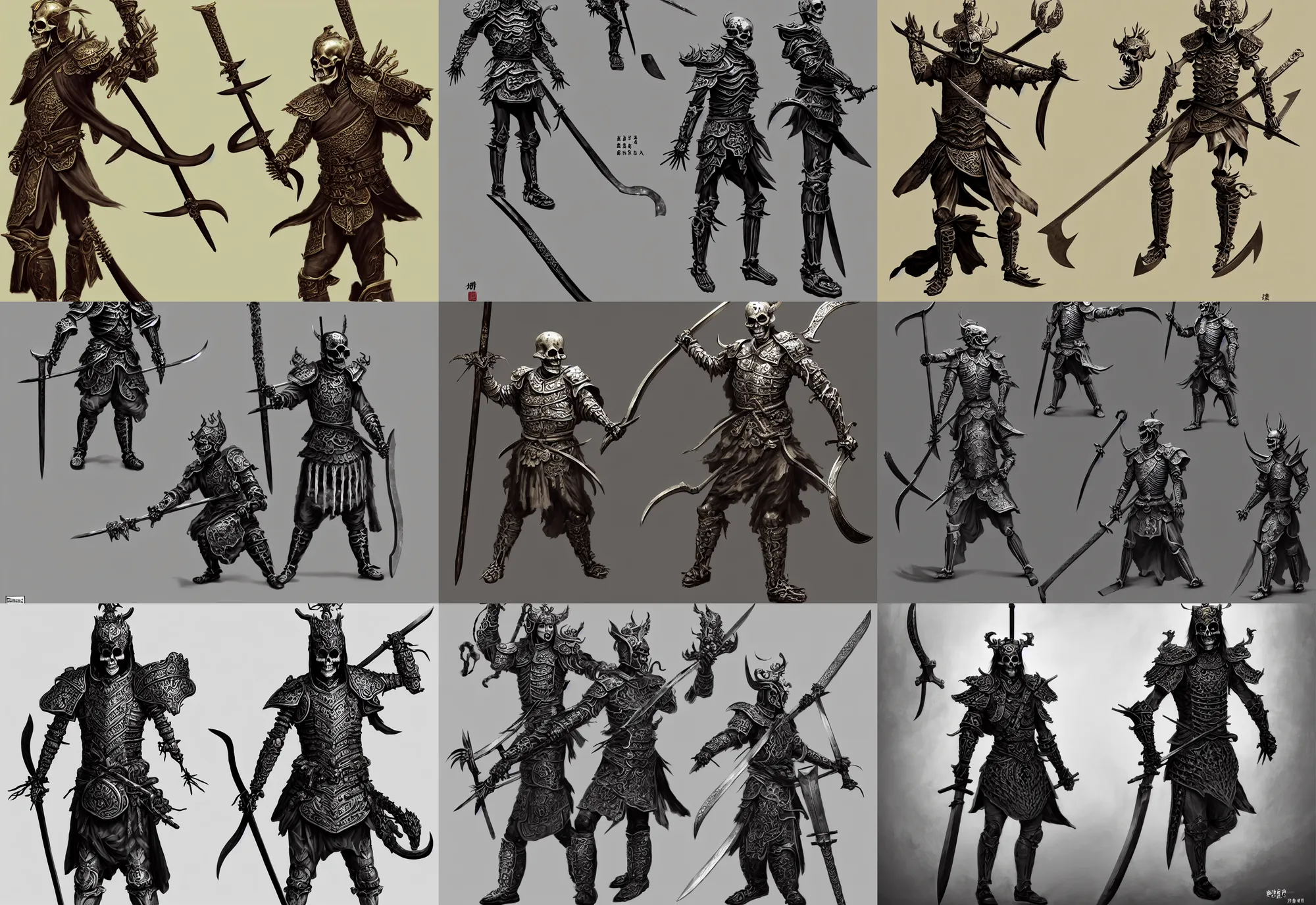 Prompt: character concept, full body, dynamic pose, tang dynasty mingguang armor, skeleton general, a long sword, a giant axe, dark fantasy palace of bad omens, a chinese throne, white stone steps seeping blood, 3 d, unreal engine, maxfield parrish and marco mazzoni, trending on artstation