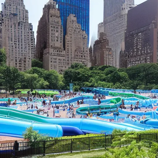 Image similar to photo of a large water park with numerous slides and water rides inside of central park. the new york city skyline is shown in the background.