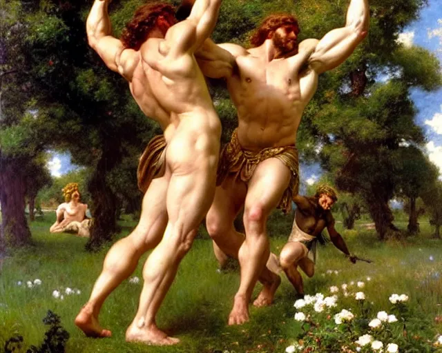 Image similar to hercules and achilles frolic in a meadow of beautiful flowers, large topiary and marble pillars in the background, painting by gaston bussiere, craig mullins, j. c. leyendecker, tom of finland