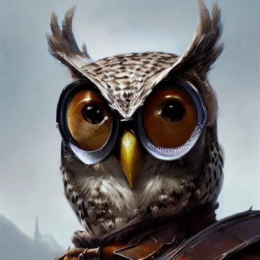 Prompt: a detailed portrait of an owl with old glasses dressed with a leather armor, by justin gerard and greg rutkowski, digital art, realistic painting, dnd, character design, trending on artstation