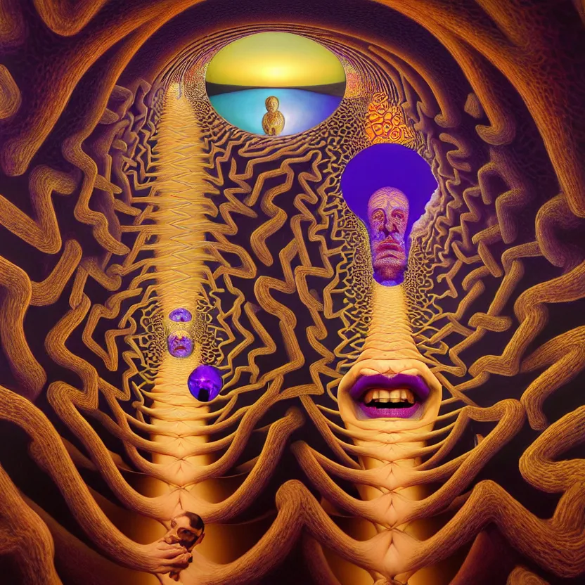 Image similar to 3 d render of infinite fractals of consciousness, recursion, face, surreal, by salvador dali and mc escher and alex grey, oil on canvas, hd, dreams, intricate details, warm colors, octane render