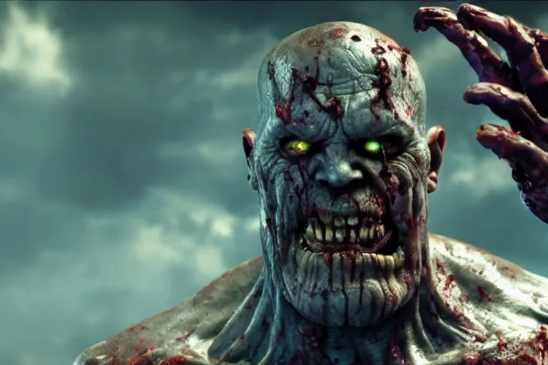 Prompt: film still of zombie zombie Thanos as a zombie in new avengers movie, 4k