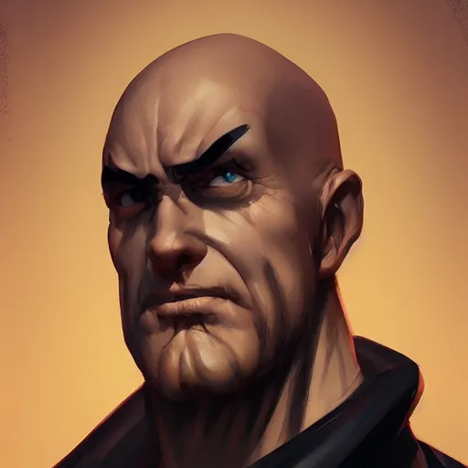 Image similar to bald man with plastic black spike driven through his eyes, flat side facing forward, points coming out back of his head, portrait, behance hd artstation, style of jesper ejsing