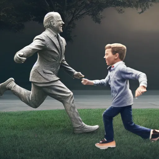 Image similar to a statue of joe biden chasing a child, octane render, 3 d render, 4 k, hyper realistic, super detailed.