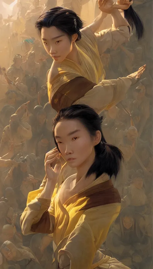 Image similar to epic masterpiece mulan, drama, sweaty skin, hyperrealistic, octane render, cinematic, beautiful face and flawless skin, perfect hands, 5 fingers, yellow by Edgar Maxence and Ross Tran and Michael Whelan and Lorenzo Sperlonga, Brom, Legends of Runeterra