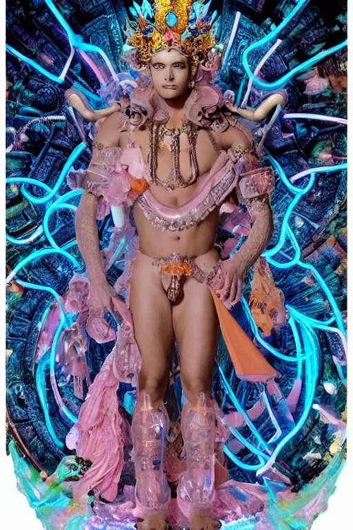 Image similar to photo of full-body rococo and cyberpunk delicate neon crystalline sculpture of ((handsome muscular onyx Aztec prince)) as an iridescent humanoid deity wearing ((peach plastic hooded cloak)) (holding an onyx skull) in a onyx aztec temple, reclining, glowing blue face, crown of (pink lasers), large blue diamonds, swirling black silk fabric. futuristic elements. oozing glowing liquid, full-length view. space robots. intricate artwork by caravaggio. Trending on artstation, octane render, cinematic lighting from the right, hyper realism, photorealistic, octane render, 8k, depth of field, 3D