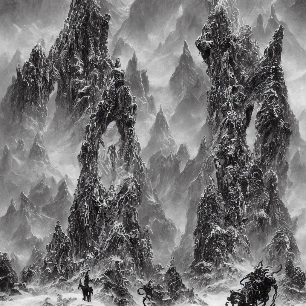 Image similar to the lovecraftian stonepunk city of cyclopean towers and stone cephalopod castles in the mountains of antarctica, upward cinematic angle, by p. craig russell, rodney matthews, frank frazetta and michael kaluta, fantasy art, psychedelic atmosphere, heavy winter aesthetics, stunning composition, alien faces, monstrous animal statues, intricate, strange, elegant, digital art, hyperdetailed, colorful hyperrealism, brilliant photorealism, horror, masterpiece, 8k