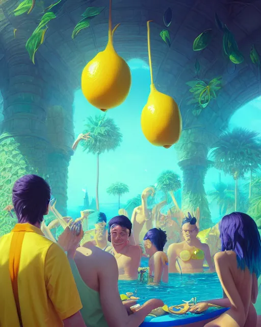 Image similar to highly detailed surreal vfx portrait of an anthropomorphic lemon pool party, stephen bliss, unreal engine, greg rutkowski, loish, rhads, beeple, makoto shinkai and lois van baarle, ilya kuvshinov, rossdraws, tom bagshaw, global illumination, detailed and intricate environment