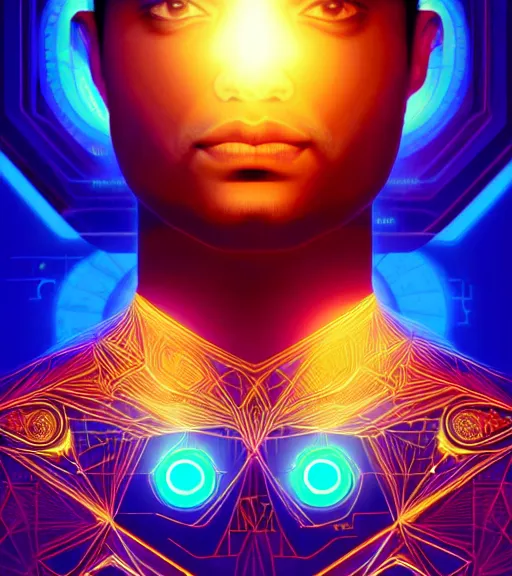 Image similar to symmetry!! indian prince of technology, solid cube of light, hard edges, product render retro - futuristic poster scifi, lasers and neon circuits, brown skin handsome indian prince, intricate, elegant, highly detailed, digital painting, artstation, concept art, smooth, sharp focus, illustration, dreamlike, art by artgerm